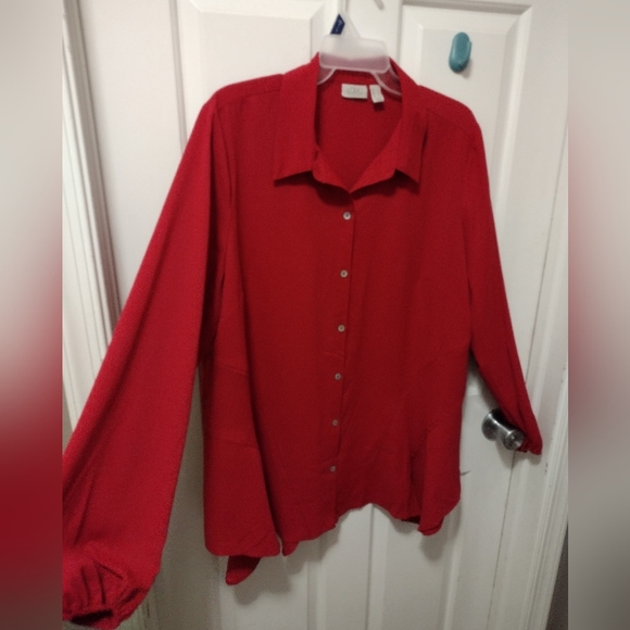 LOGO by Lori Goldstein Red Woven Crepe Blouse with Seaming Detail Sz L - Picture 8 of 9